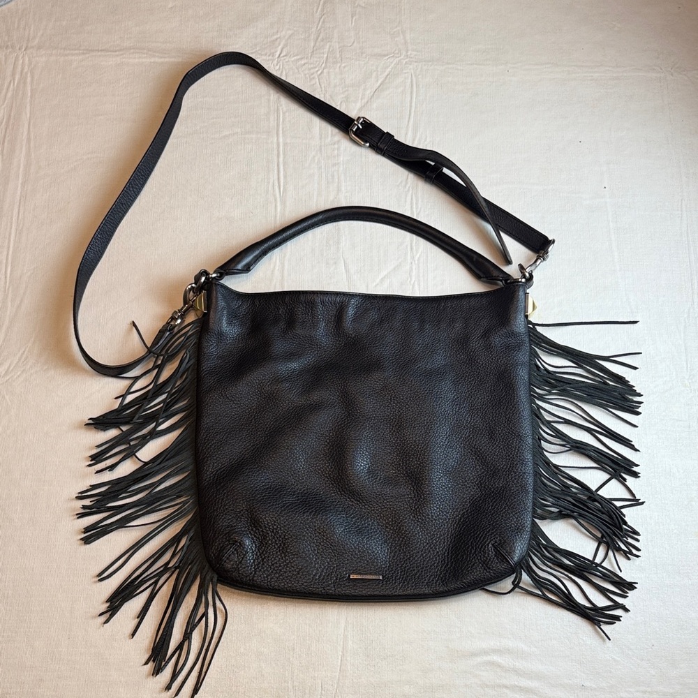 Rebecca Minkoff Clack Hobo Black Leather Fringe Bag Gold Silver Hardwear